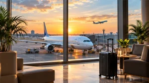 AI-generated illustration: airport travel lounge