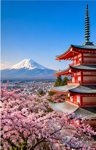 AI-generated illustration: eu express japan fuji cherry blossoms