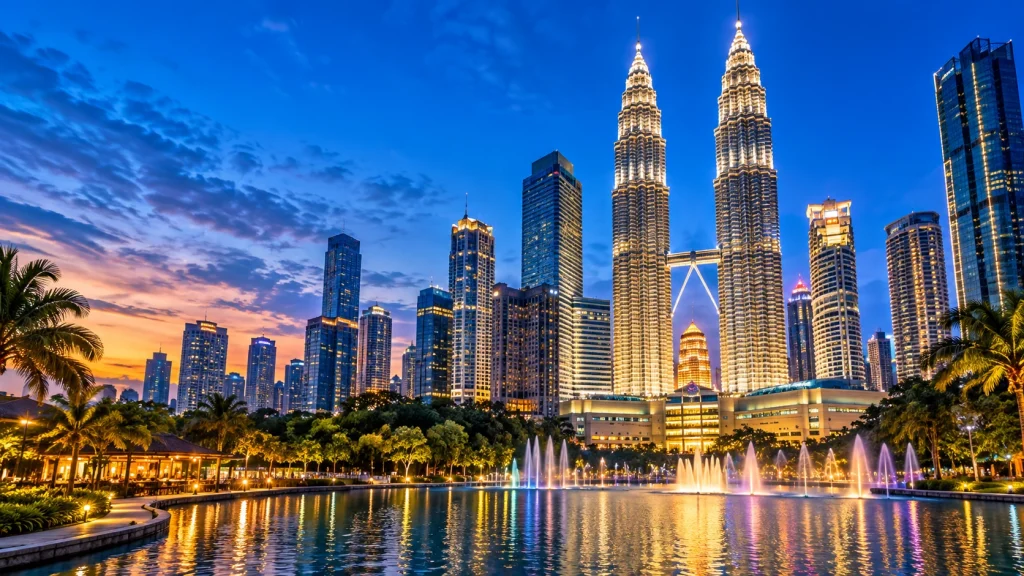 Illustrative Kuala Lumpur skyline with Petronas Twin Towers illuminated at twilight.