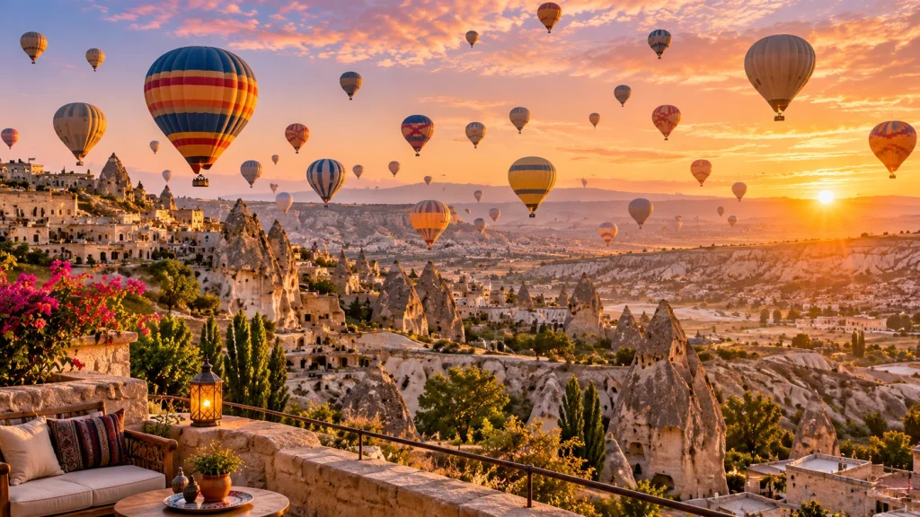 Illustrative hot-air balloons at sunrise over Cappadocia-inspired valleys.