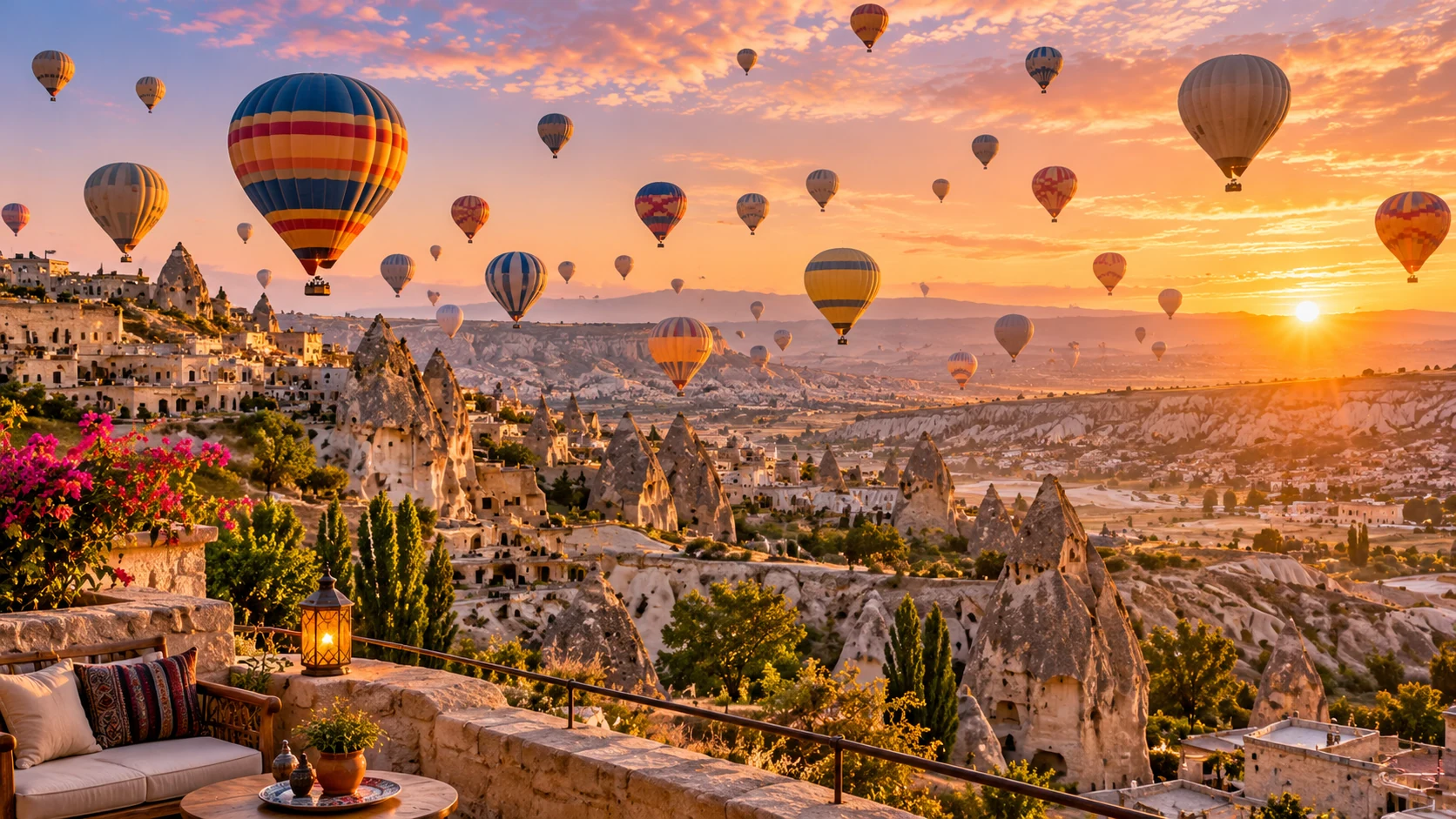 Illustrative hot-air balloons at sunrise over Cappadocia-inspired valleys.