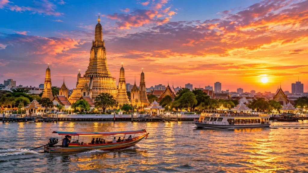 Illustrative Wat Arun temple and boats beside a river at sunset in Bangkok.