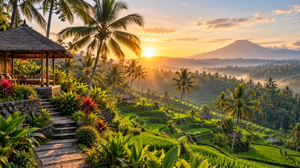 Illustrative tropical Bali rice terraces and palm trees at sunrise.