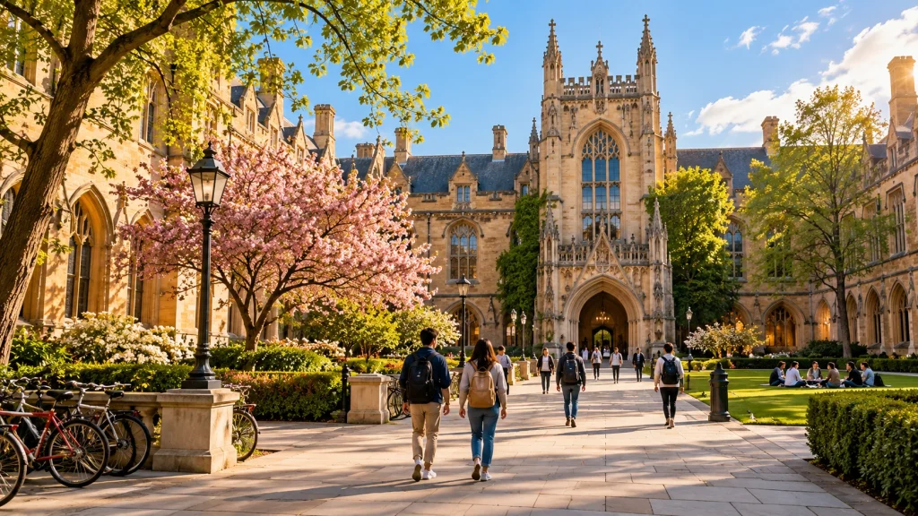 Illustrative historic university campus with students walking through spring gardens.