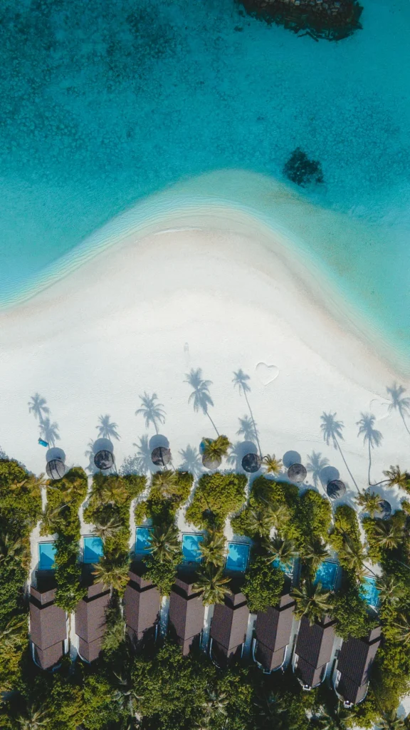 An aerial view of a beach and resort