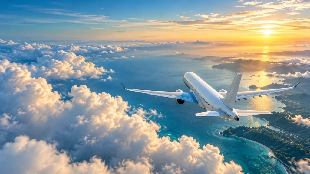 AI concept of an unbranded passenger aircraft above clouds and a coastline at sunrise.