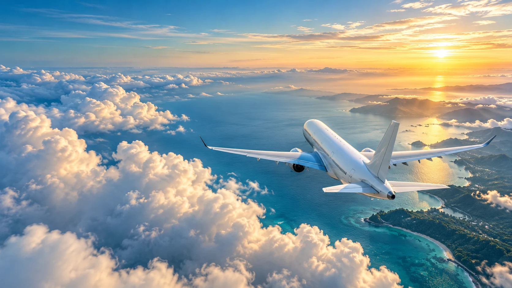 AI concept of an unbranded passenger aircraft above clouds and a coastline at sunrise.